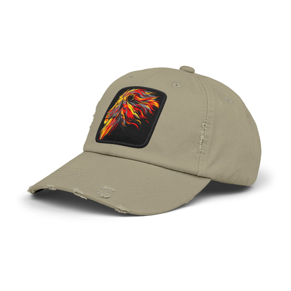 Distressed Cap — Vibrant Flame Lion Embroidered Baseball Hat Hats Printify