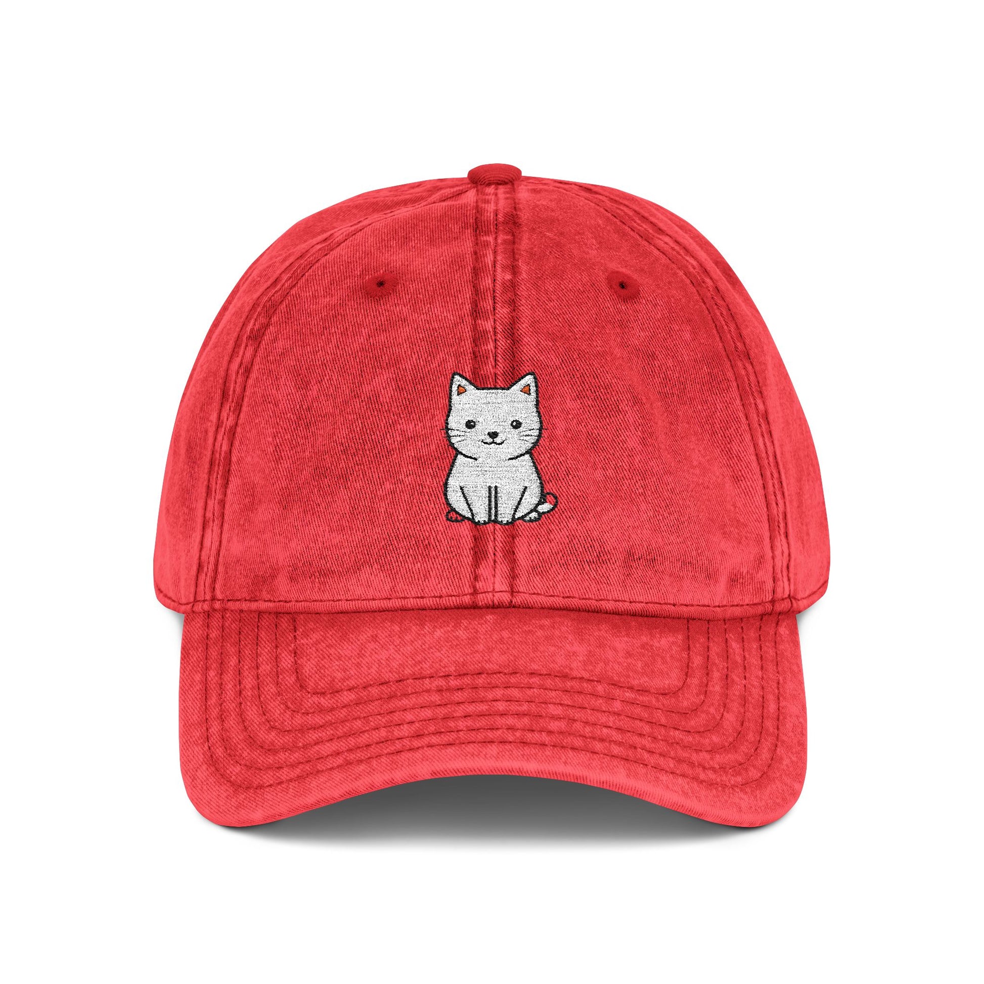 Vintage Embroidered Kitten Cap - Washed Red Dad Hat Hats Printify One size Red