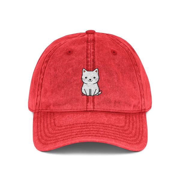 Vintage Embroidered Kitten Cap - Washed Red Dad Hat Hats Printify One size Red