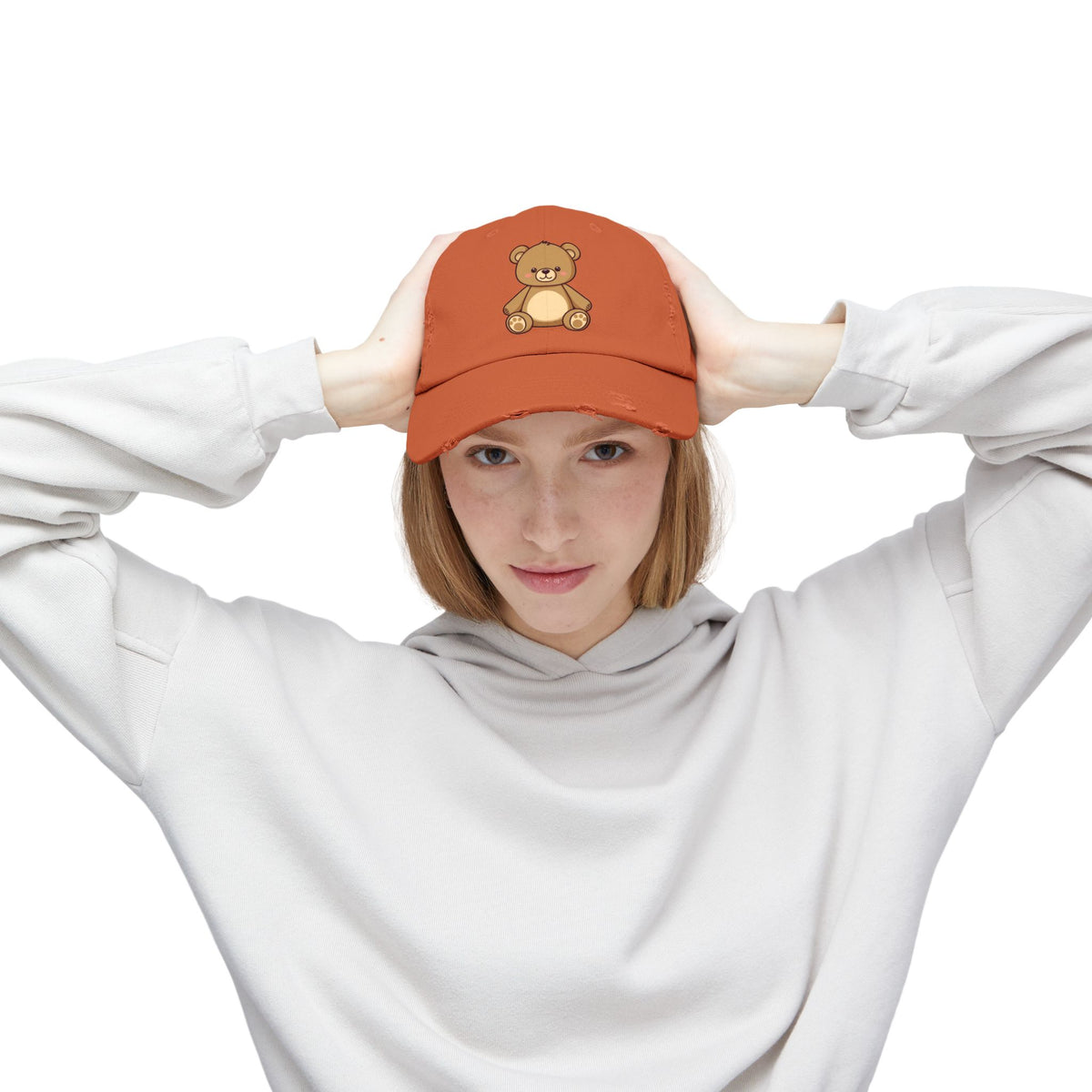 Teddy Bear Distressed Cap — Cute Retro Plush Hat for Casual Wear Hats Printify