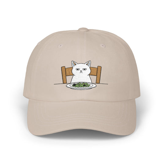 Dad Cap — Grumpy Cat at Dinner Embroidered Hat Hats Printify Stone One size