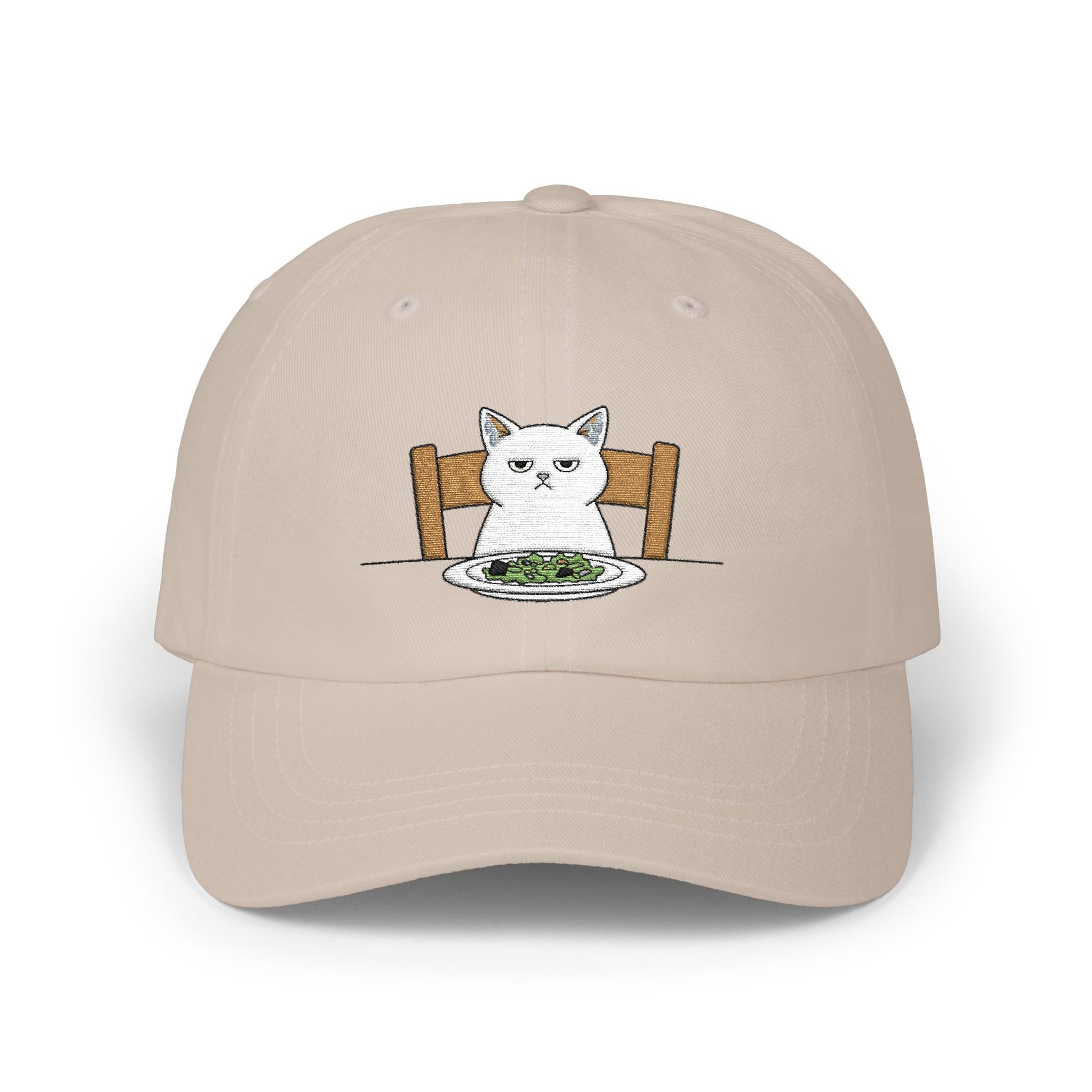 Dad Cap — Grumpy Cat at Dinner Embroidered Hat Hats Printify Stone One size