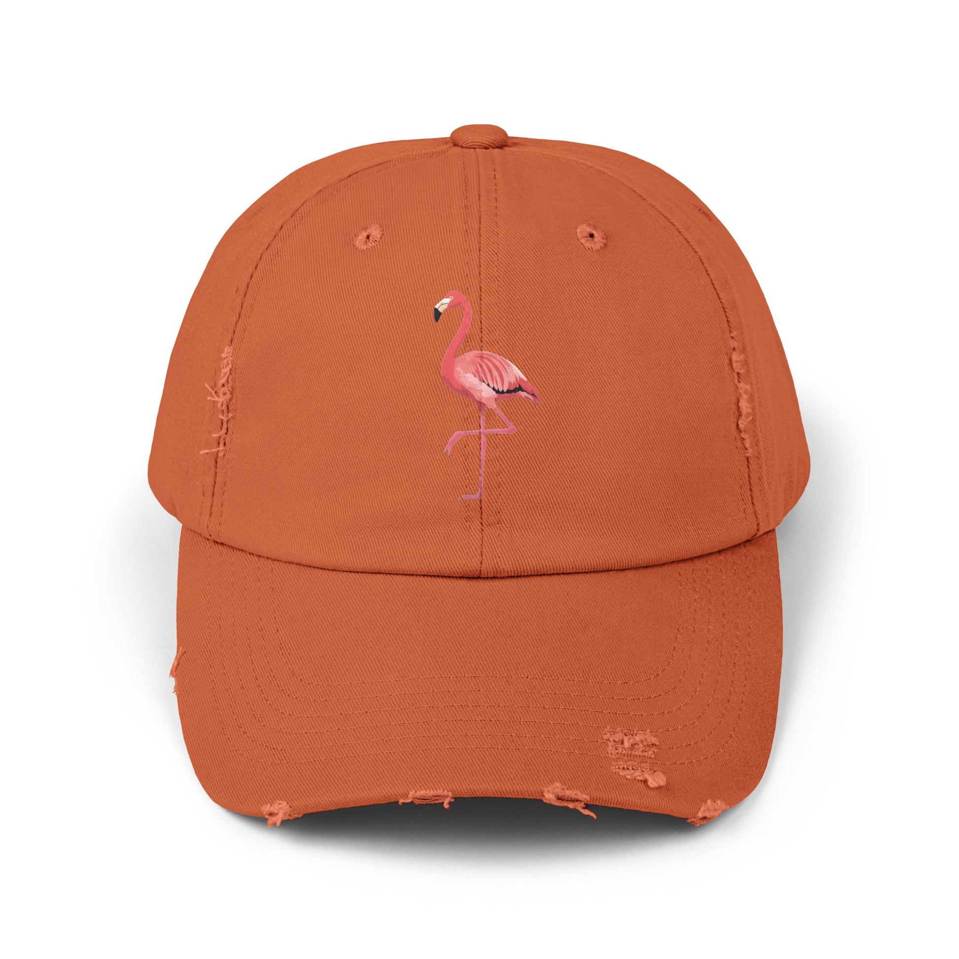 Distressed Flamingo Cap — Embroidered Pink Flamingo Baseball Hat Hats Printify Burnt Orange One size
