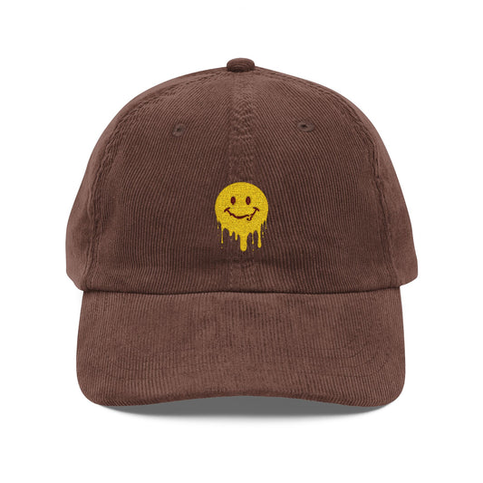 Vintage Corduroy Cap — Embroidered Drip Smiley Hat Hats Printify Dark Brown One size