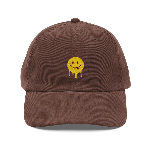 Vintage Corduroy Cap — Embroidered Drip Smiley Hat Hats Printify Dark Brown One size