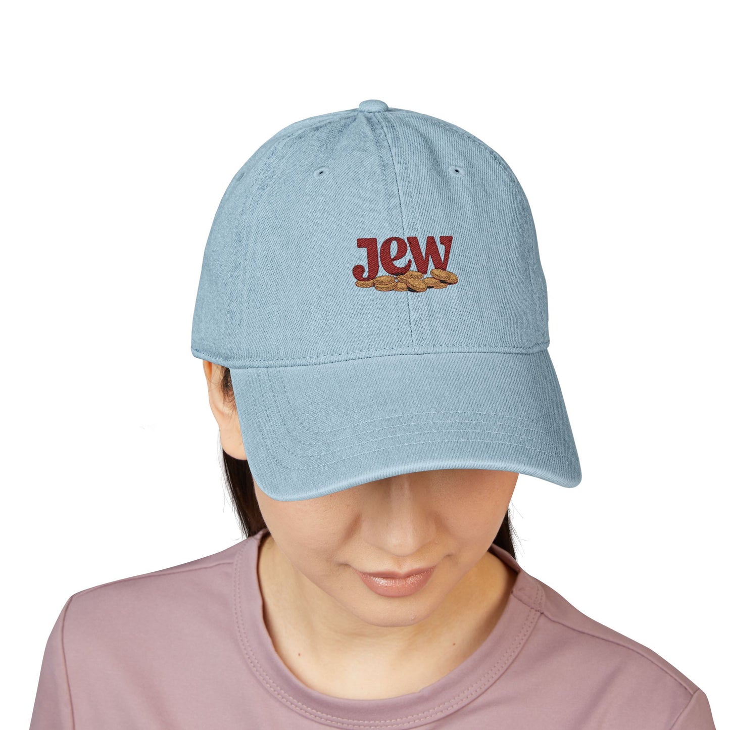 Embroidered Denim Hat — JCW Logo Cap with Gold Rope Accent Hats Printify
