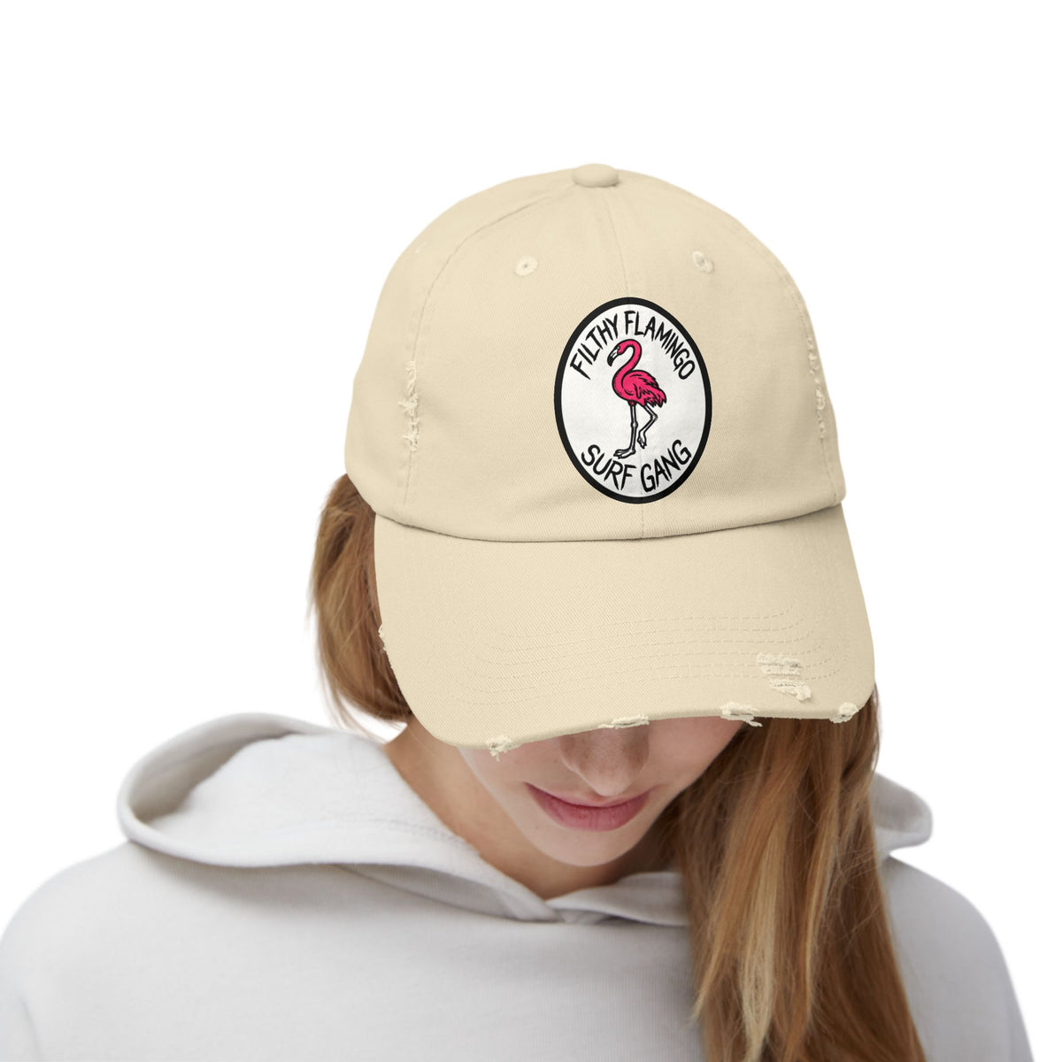 Distressed Surf Cap — "Filthy Flamingo Surf Gang" Embroidered Patch Hat