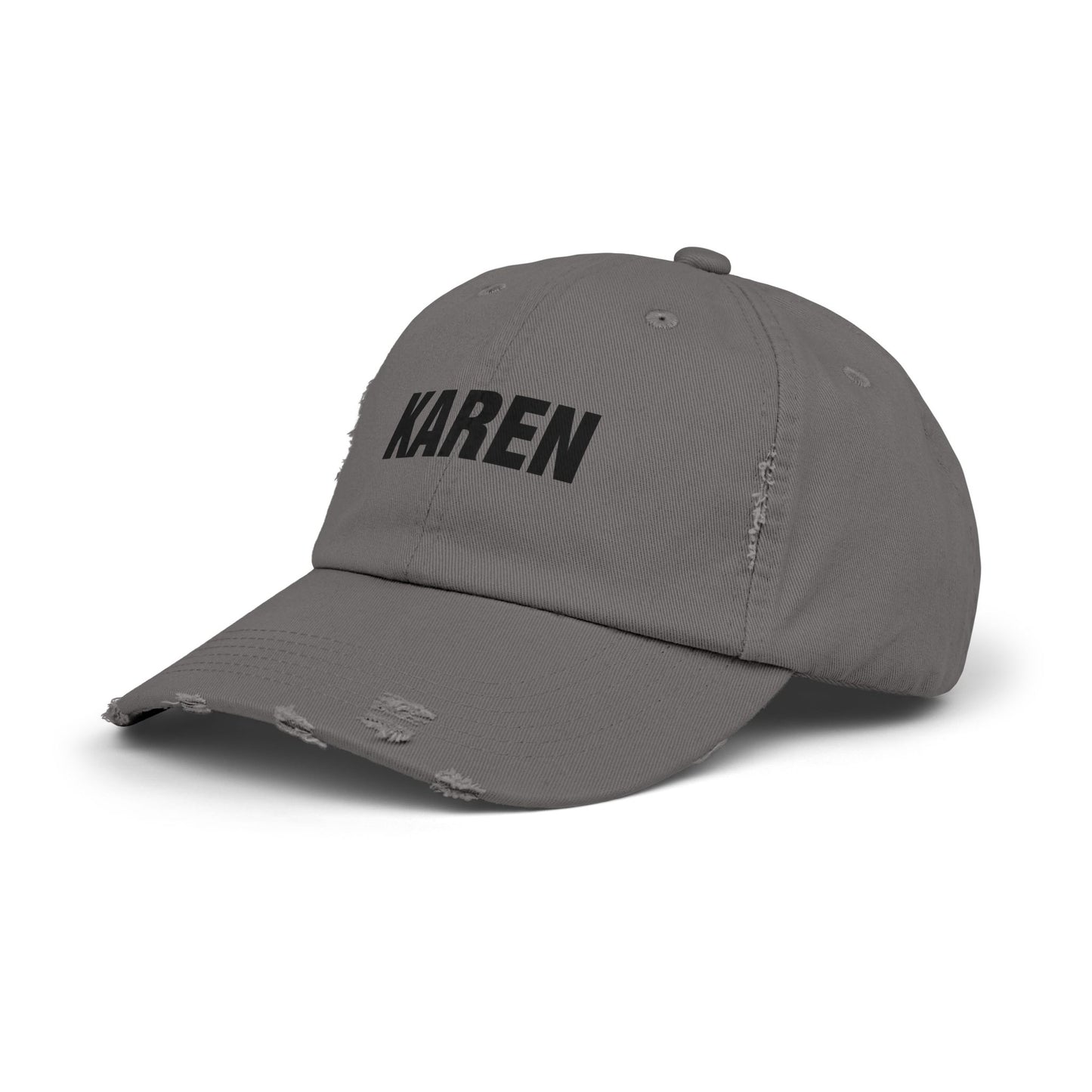 Distressed 'Karen' Baseball Cap — Black Embroidered Name Hat Hats Printify