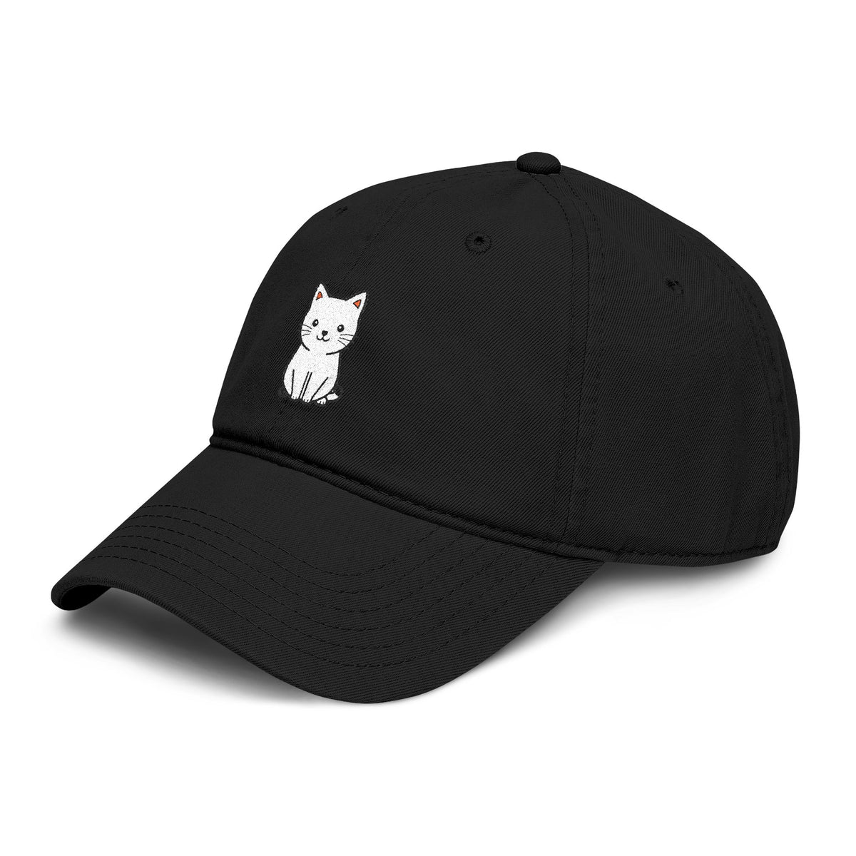Washed Baseball Cap — Cute White Sitting Cat Embroidered Hat Hats Printify