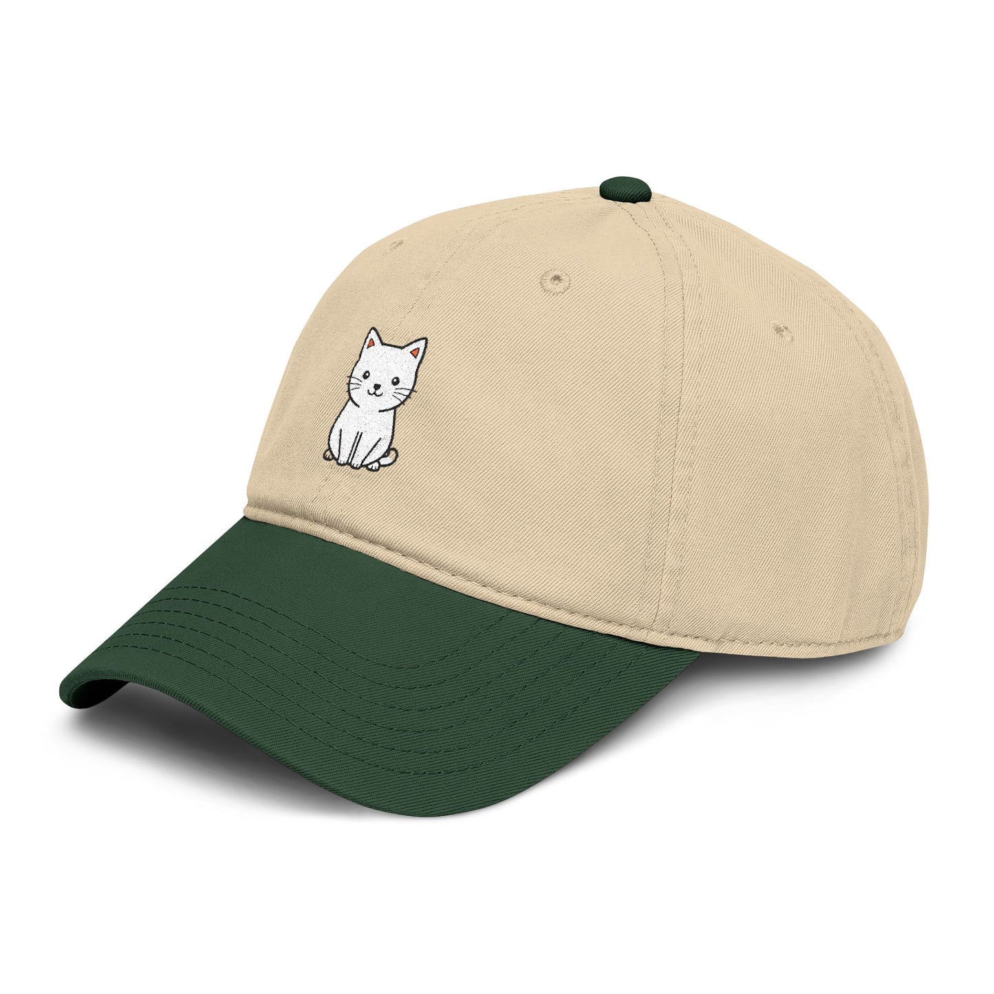 Washed Baseball Cap — Cute White Sitting Cat Embroidered Hat Hats Printify