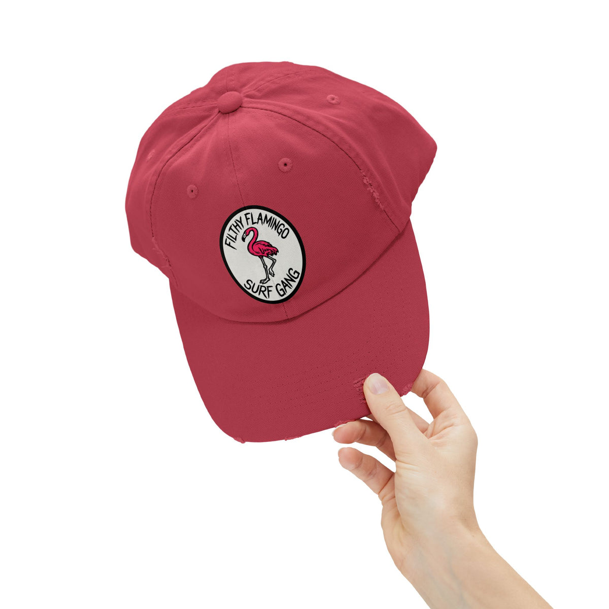Distressed Surf Cap — "Filthy Flamingo Surf Gang" Embroidered Patch Hat