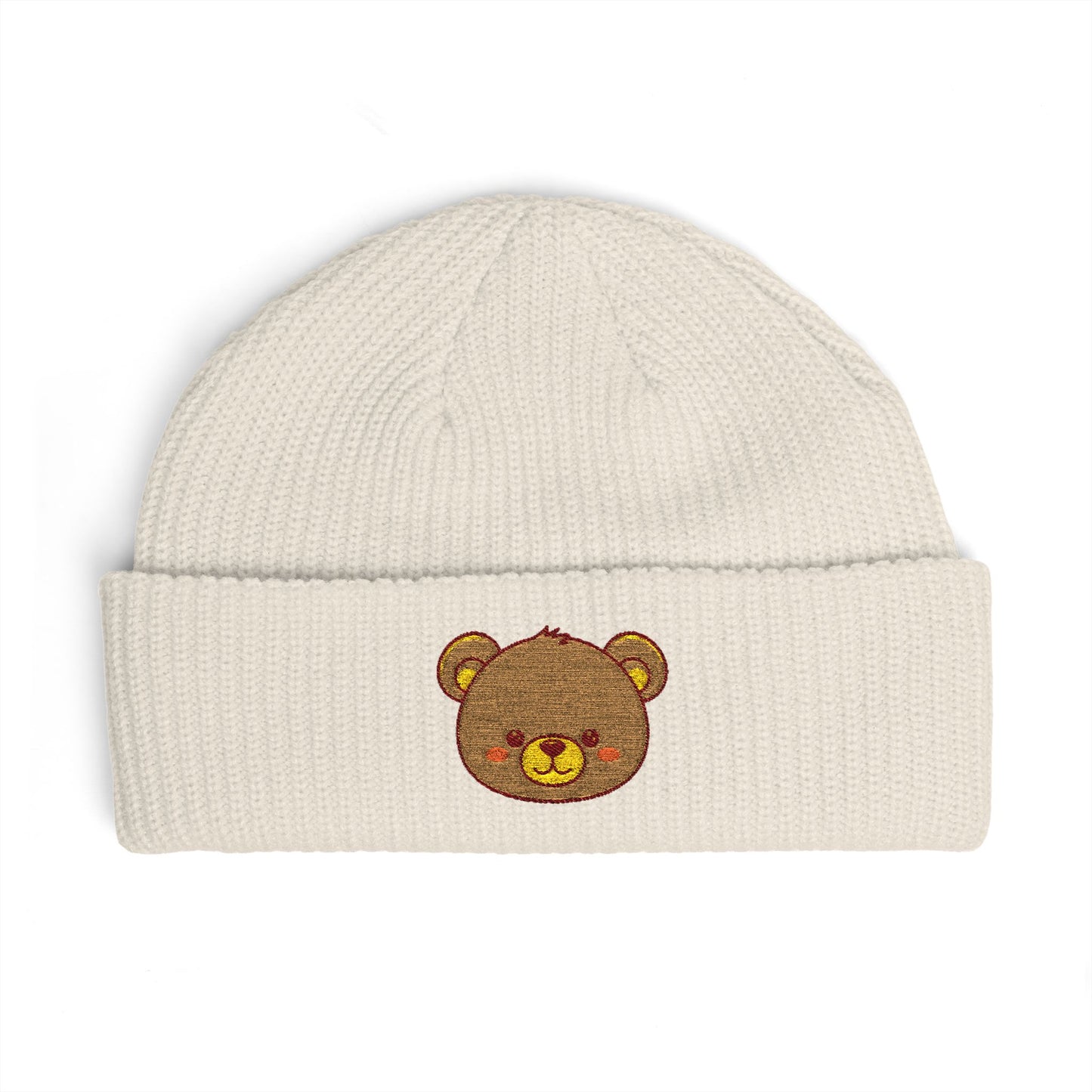 Embroidered Teddy Cuff Beanie — Cute Sequin Bear Knit Hat Hats Printify One size Ecru