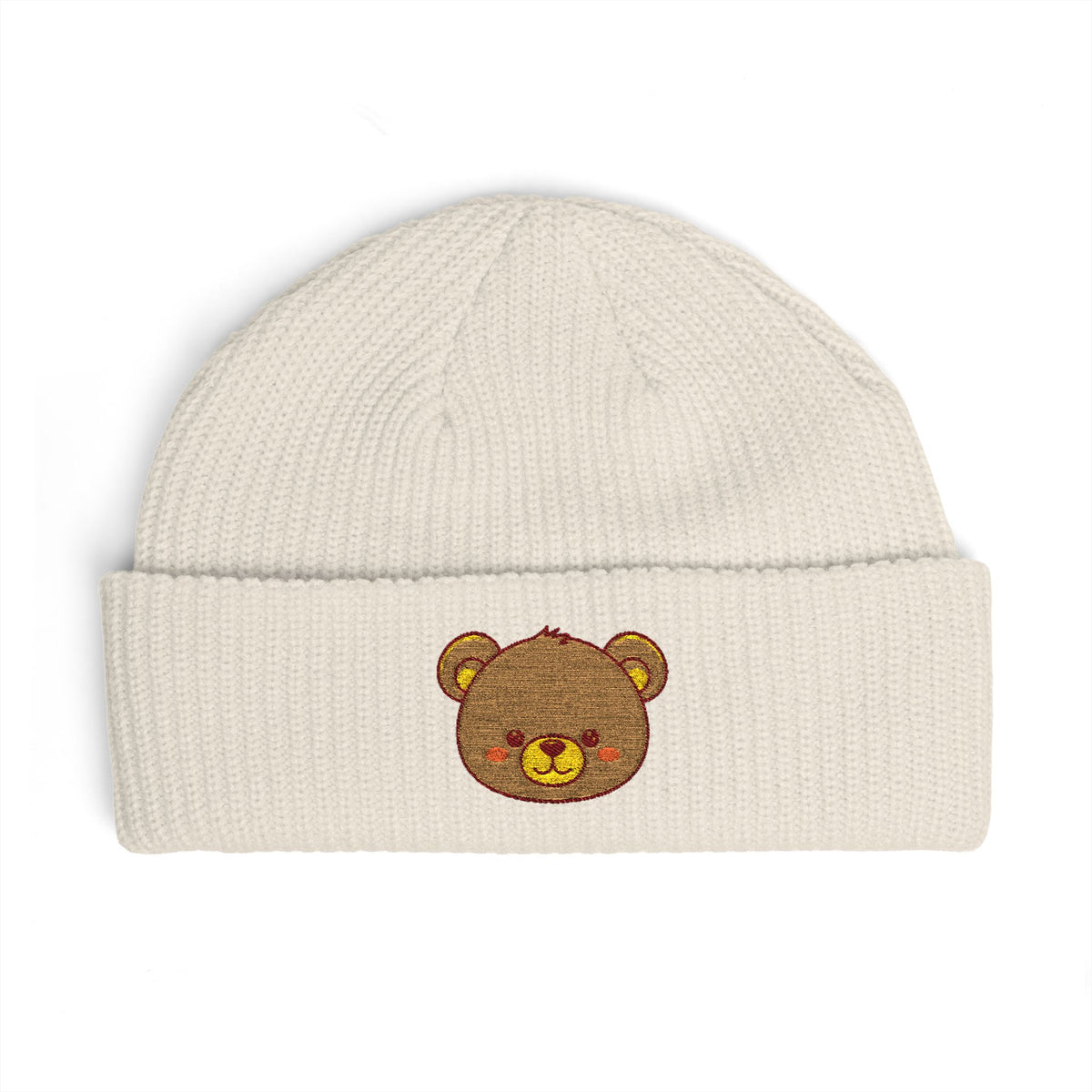 Embroidered Teddy Cuff Beanie — Cute Sequin Bear Knit Hat Hats Printify One size Ecru