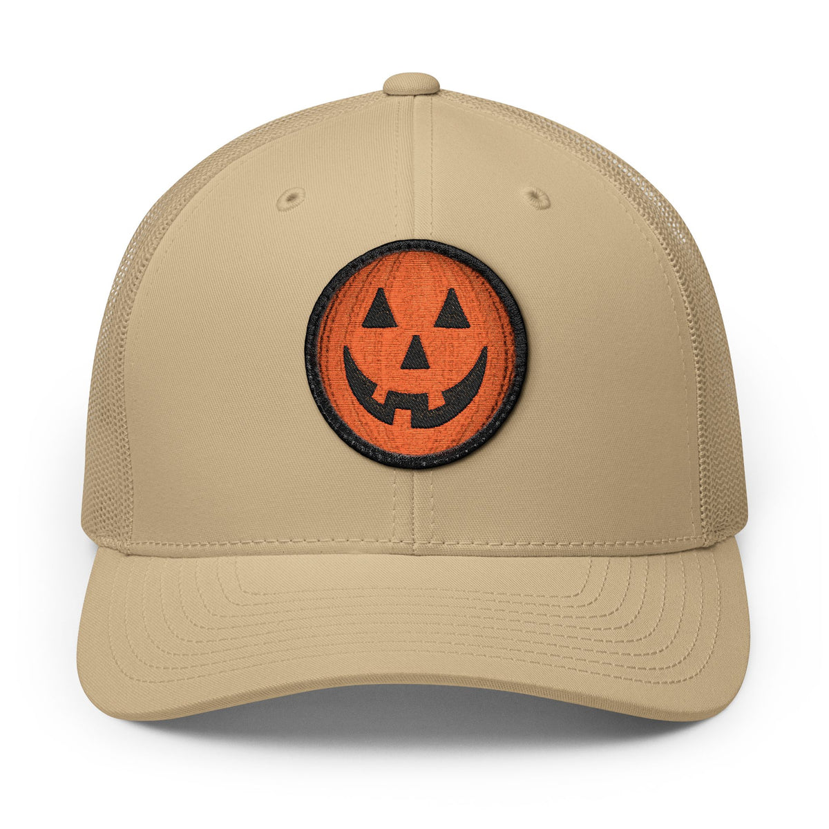 Halloween Pumpkin Jack-O’-Lantern Trucker Cap Hats Printify Circle One size Khaki / Black patch