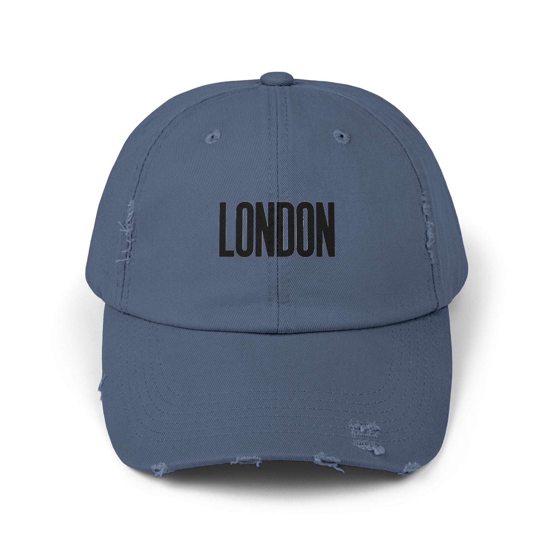 Distressed London Baseball Cap — Vintage Black Embroidered Hat Hats Printify Scotland Blue One size