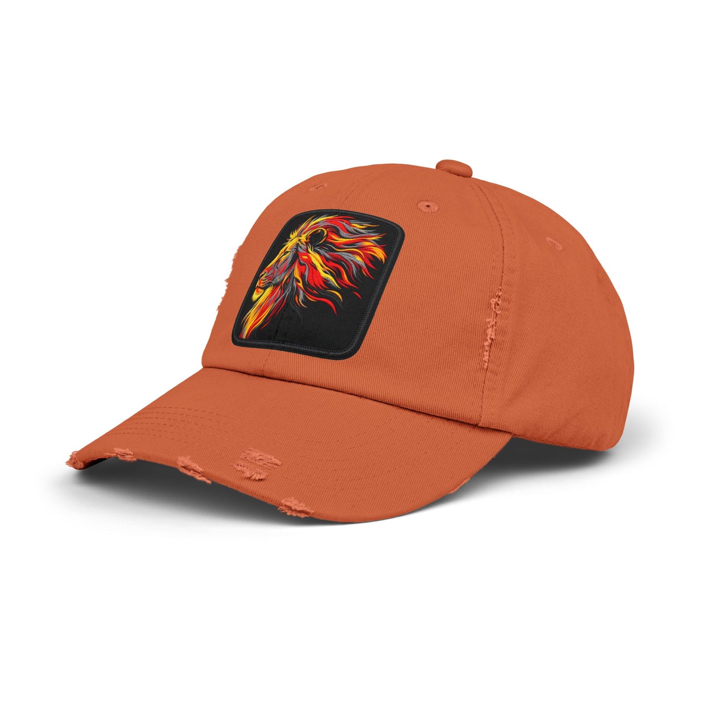 Distressed Cap — Vibrant Flame Lion Embroidered Baseball Hat Hats Printify