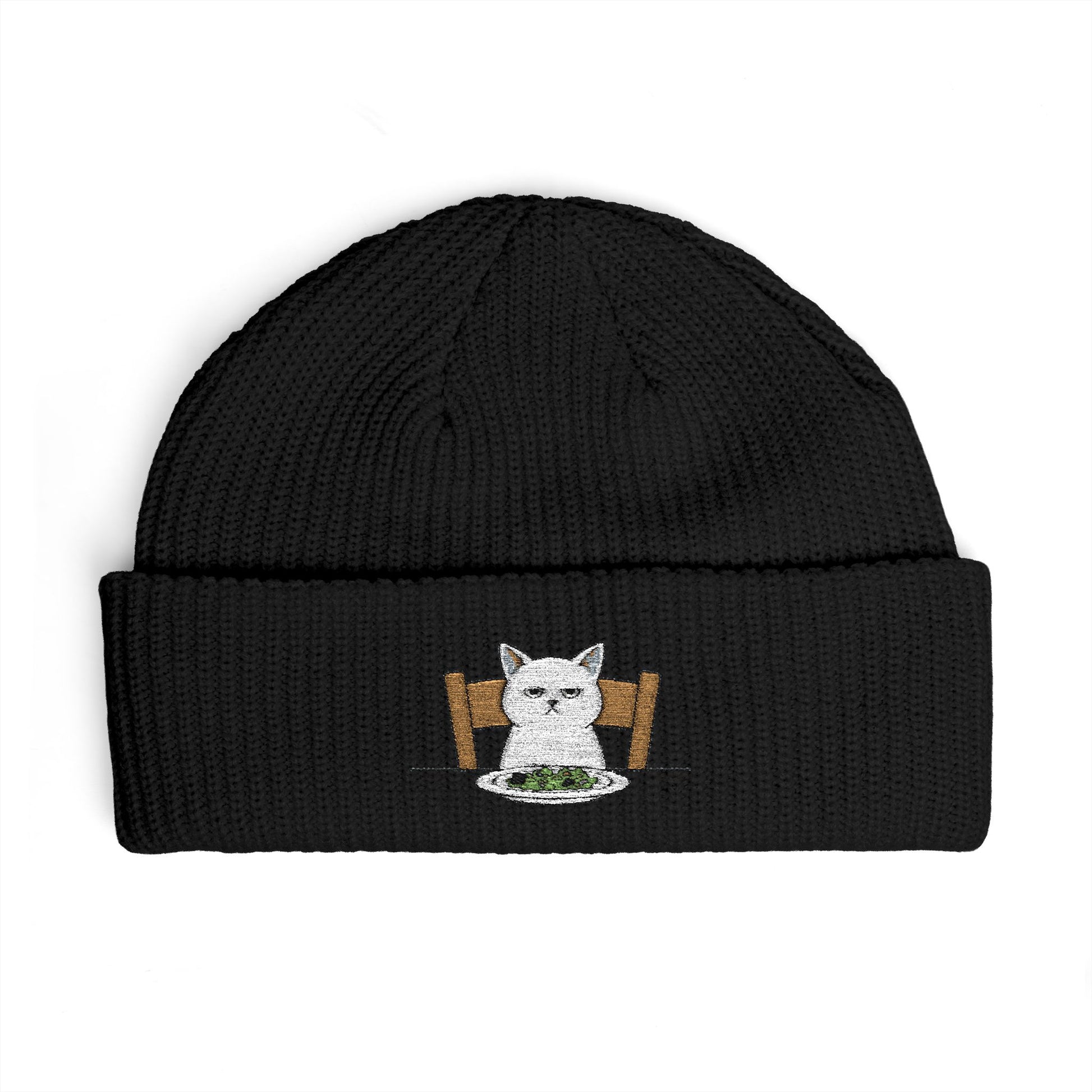 Cuffed Beanie with Embroidered White Cat on Chair – Cozy Cute Winter Hat Hats Printify One size Black
