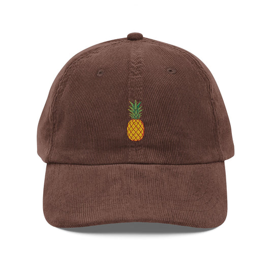 Corduroy Pineapple Embroidered Cap — Vintage Casual Baseball Hat Hats Printify Dark Brown One size