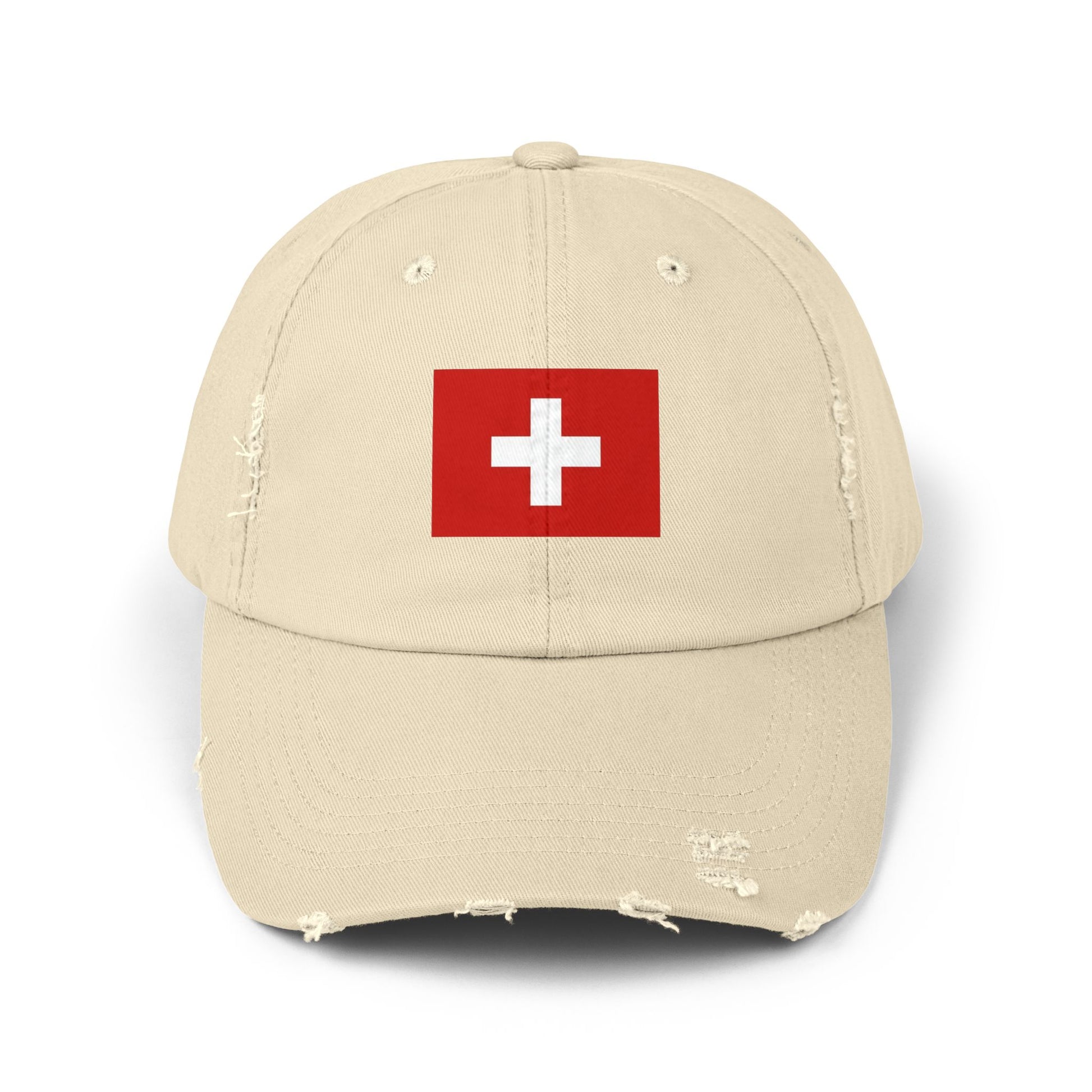 Swiss Flag Distressed Cap — Vintage Red Cross Baseball Hat Hats Printify Stone One size