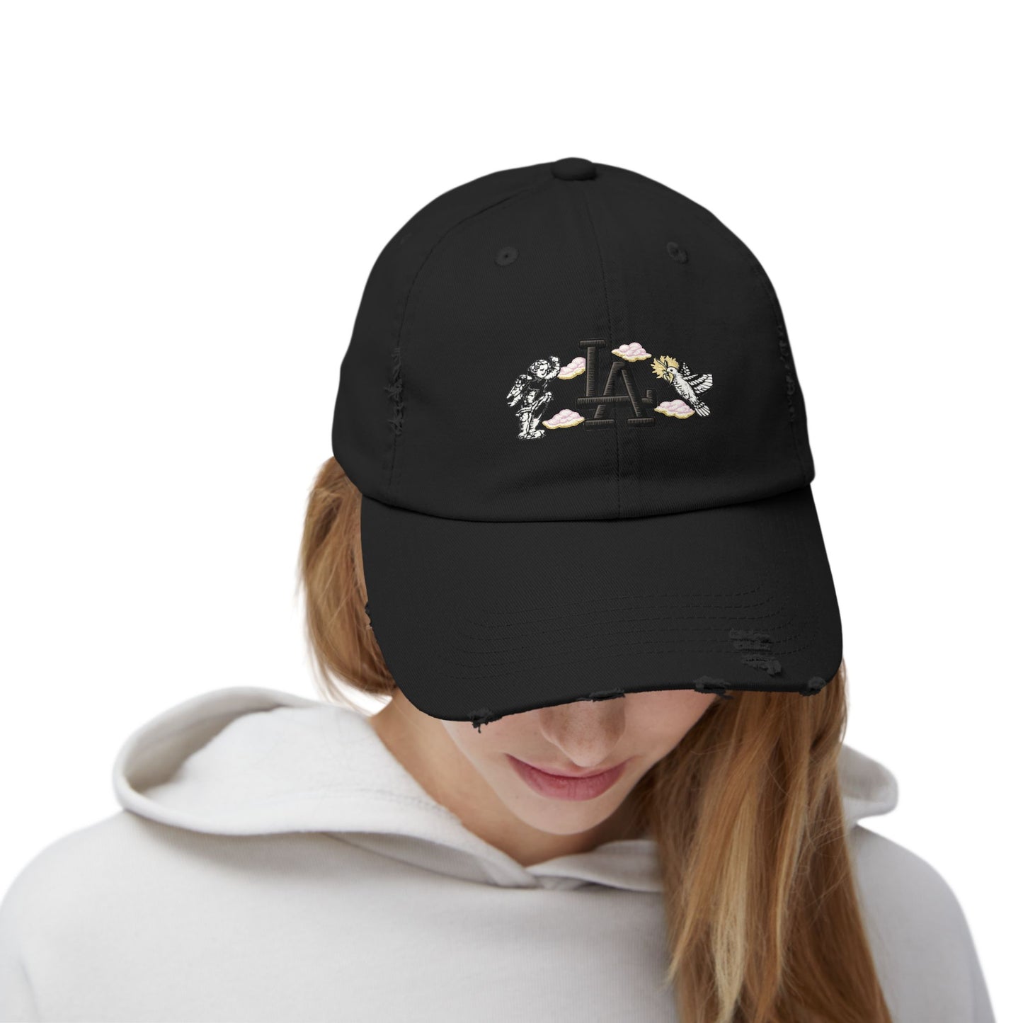 Distressed Baseball Cap — LA Logo with Angel Wings & Clouds Hats Printify
