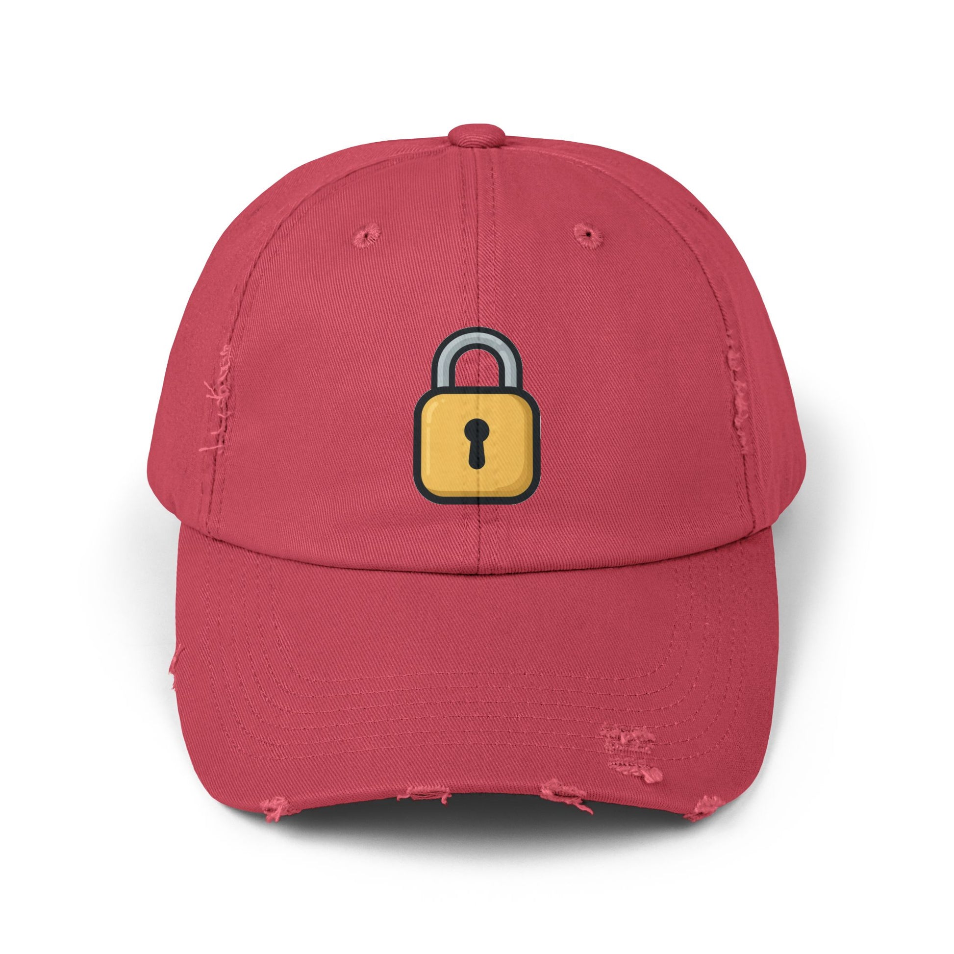 Padlock Distressed Cap — Minimal Lock Embroidered Baseball Hat Hats Printify Dashing Red One size