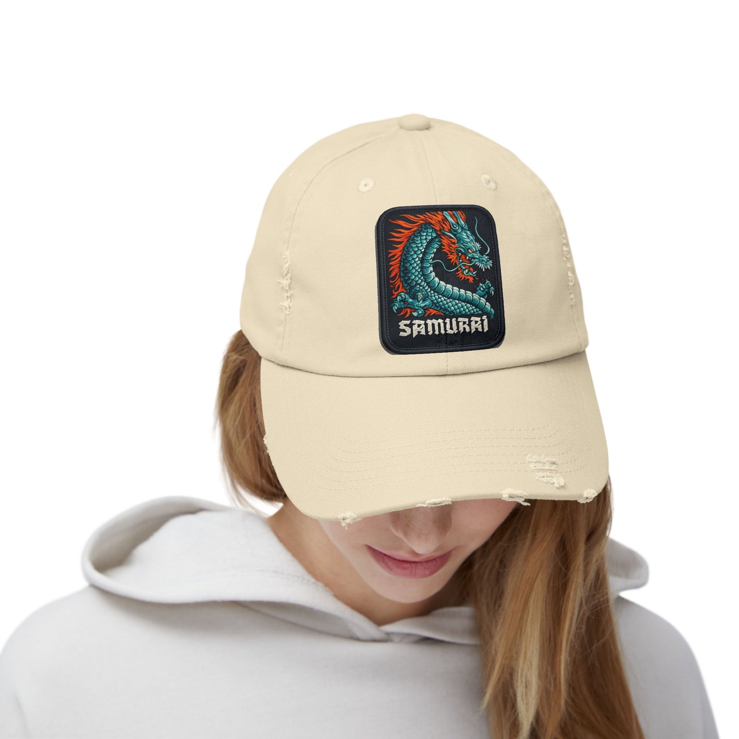 Distressed Samurai Dragon Cap — Vintage Retro Japanese Dragon Baseball Hat Hats Printify