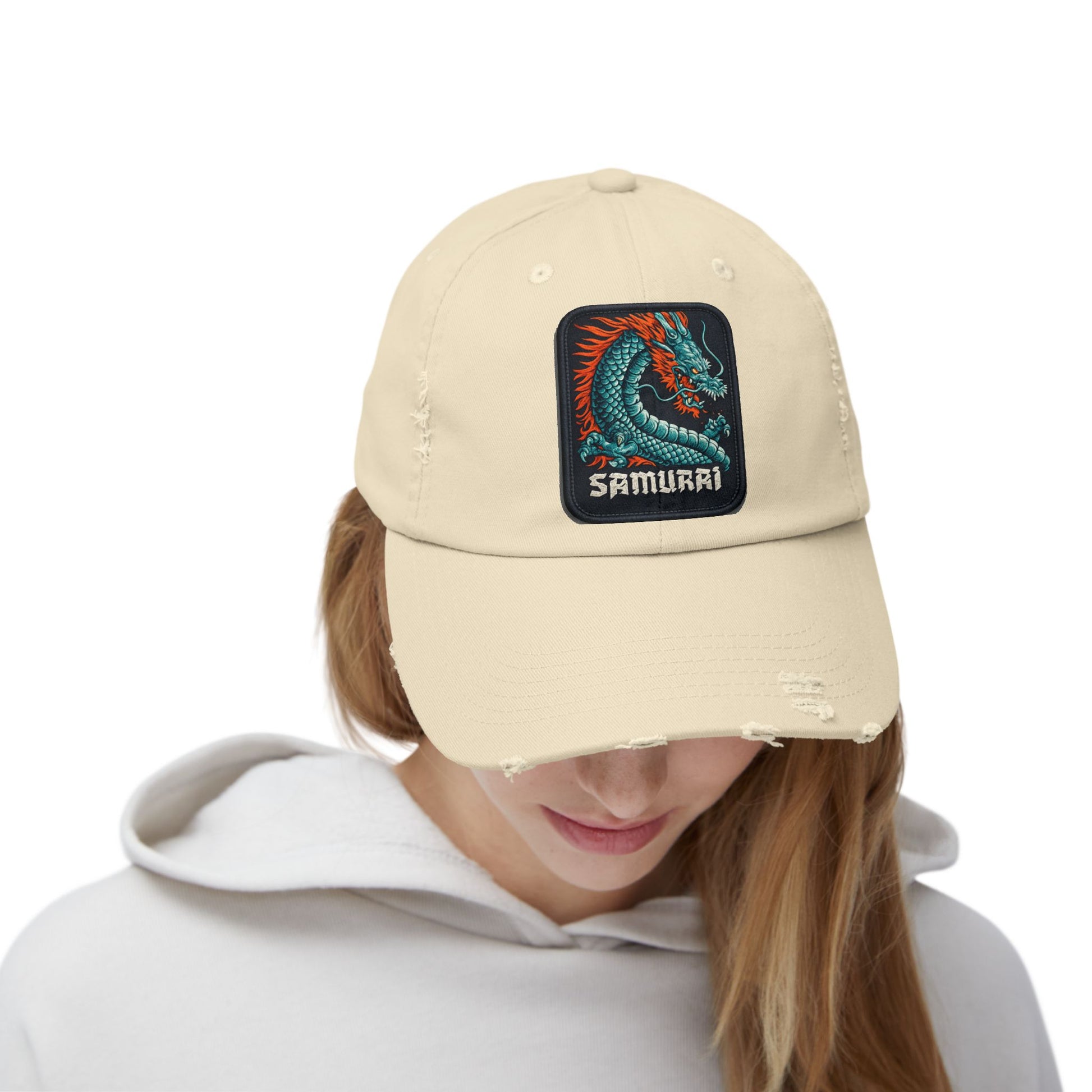 Distressed Samurai Dragon Cap — Vintage Retro Japanese Dragon Baseball Hat Hats Printify