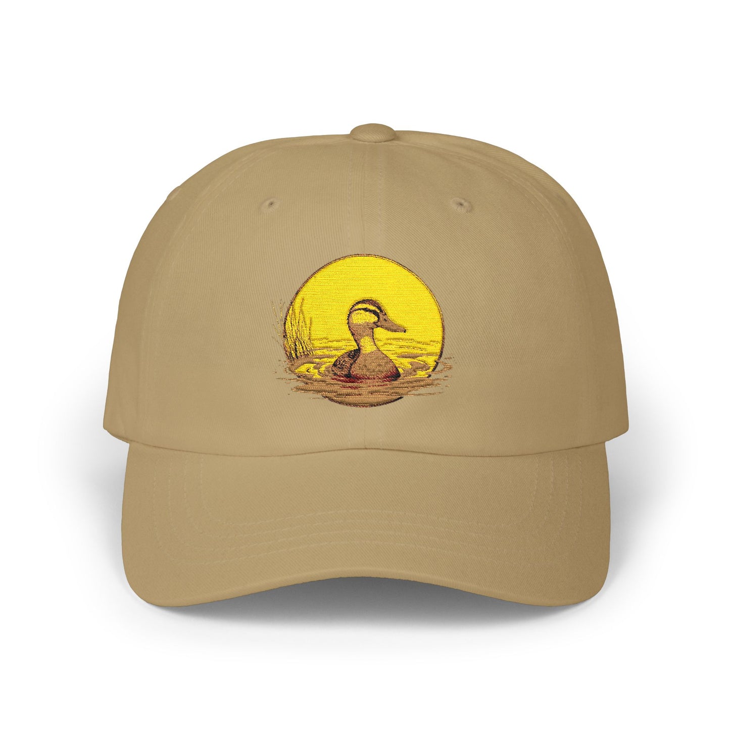 Duck Sunset Dad Cap — Embroidered Duck on Yellow Sun Baseball Hat Hats Printify Khaki One size