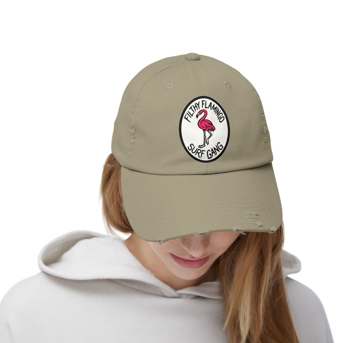 Distressed Surf Cap — "Filthy Flamingo Surf Gang" Embroidered Patch Hat