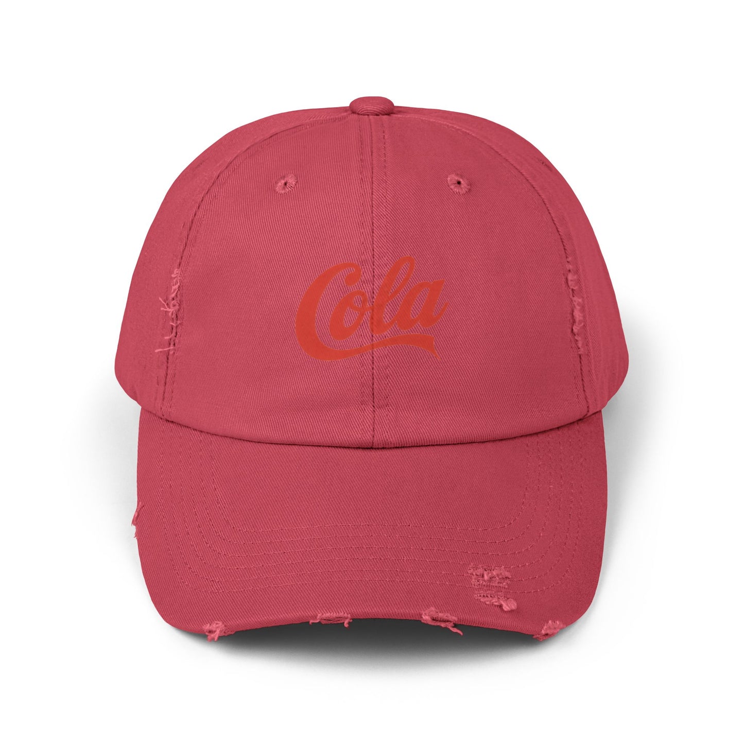 Distressed 'Cola' Vintage Baseball Cap – Retro Script Logo Hat Hats Printify Dashing Red One size