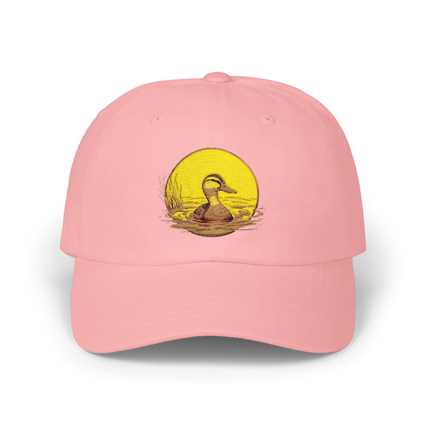 Duck Sunset Dad Cap — Embroidered Duck on Yellow Sun Baseball Hat Hats Printify Pink One size