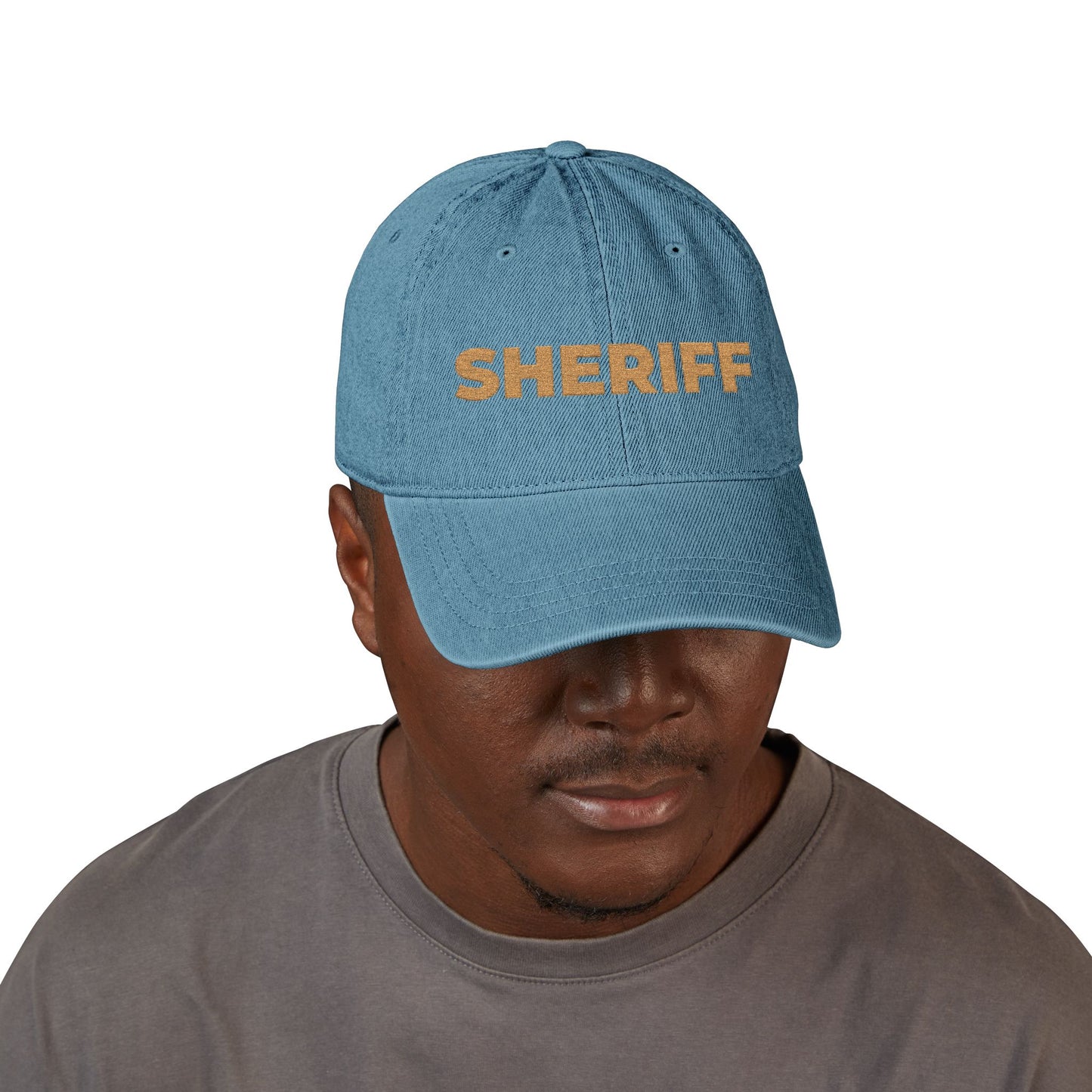 Embroidered 'SHRIFF' Denim Hat — Retro Floral Lettering Baseball Cap Hats Printify