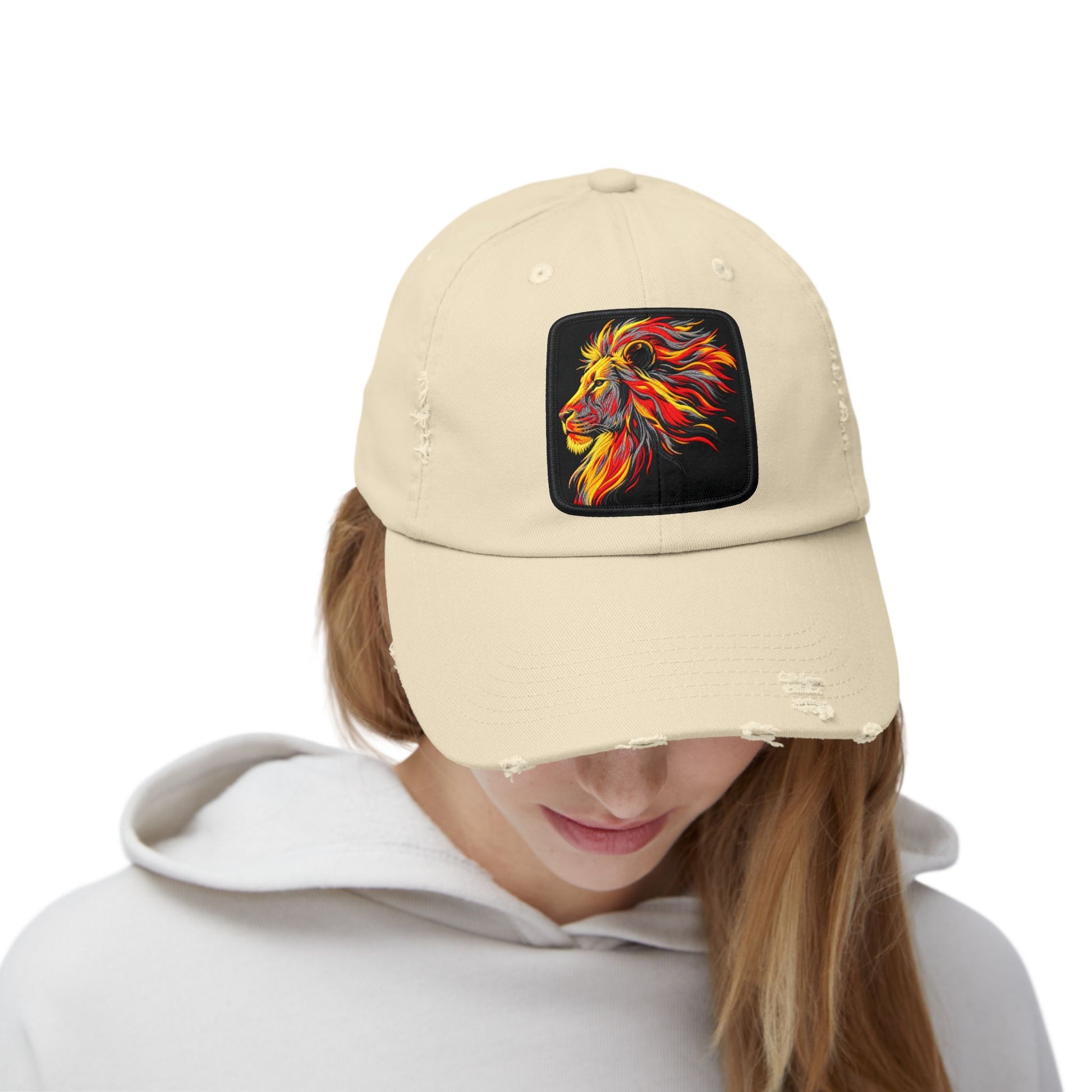 Distressed Cap — Vibrant Flame Lion Embroidered Baseball Hat Hats Printify