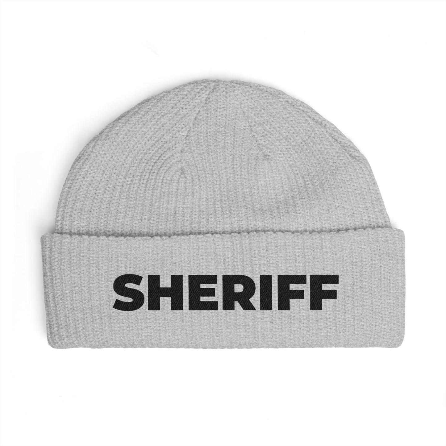 Cuff Beanie - 'SHRIFF' Embroidered Knit Hat (Festive Green-Gold Lettering) Hats Printify One size Athletic Heather