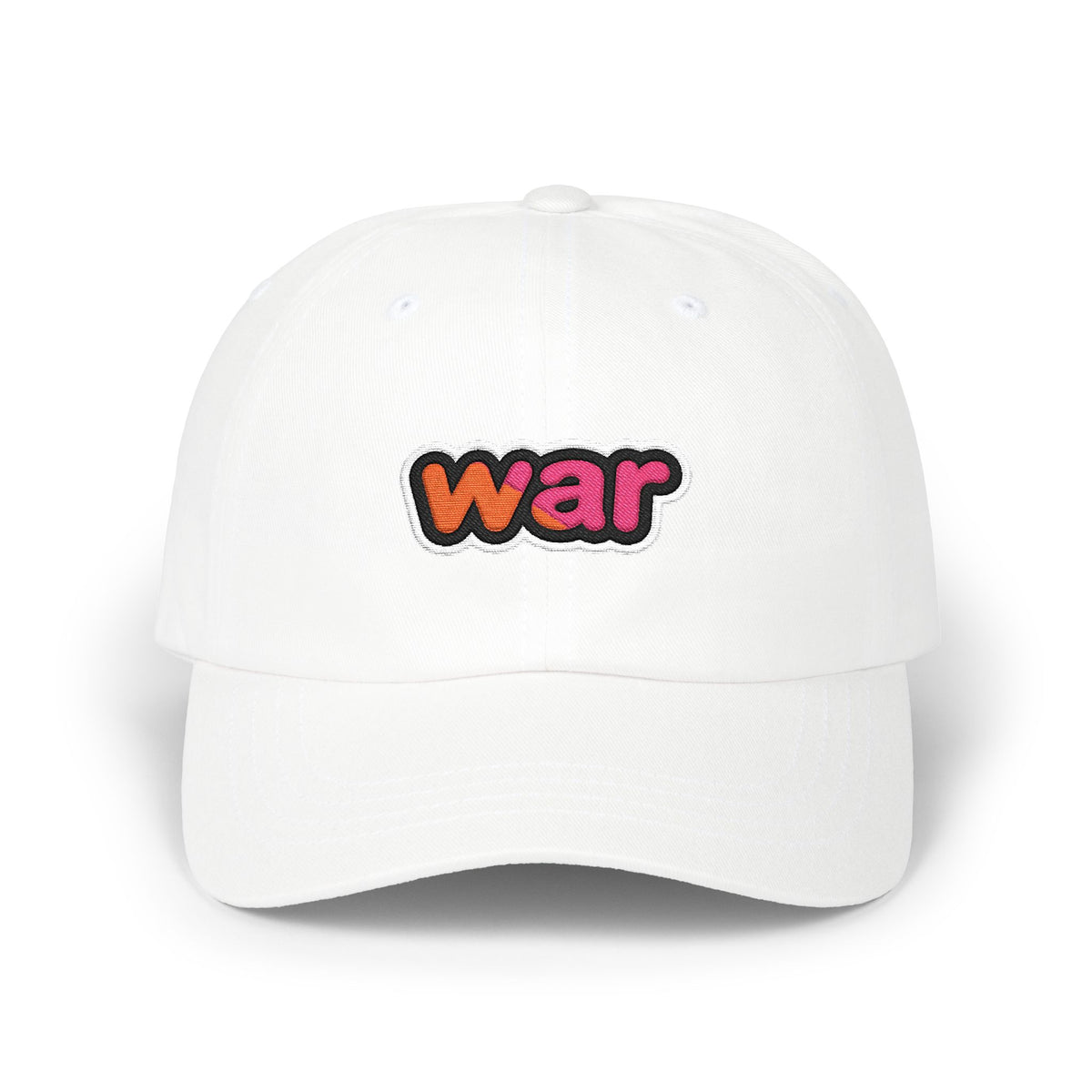 Dad Cap — White Embroidered "war" Patch Hat Hats Printify White One size