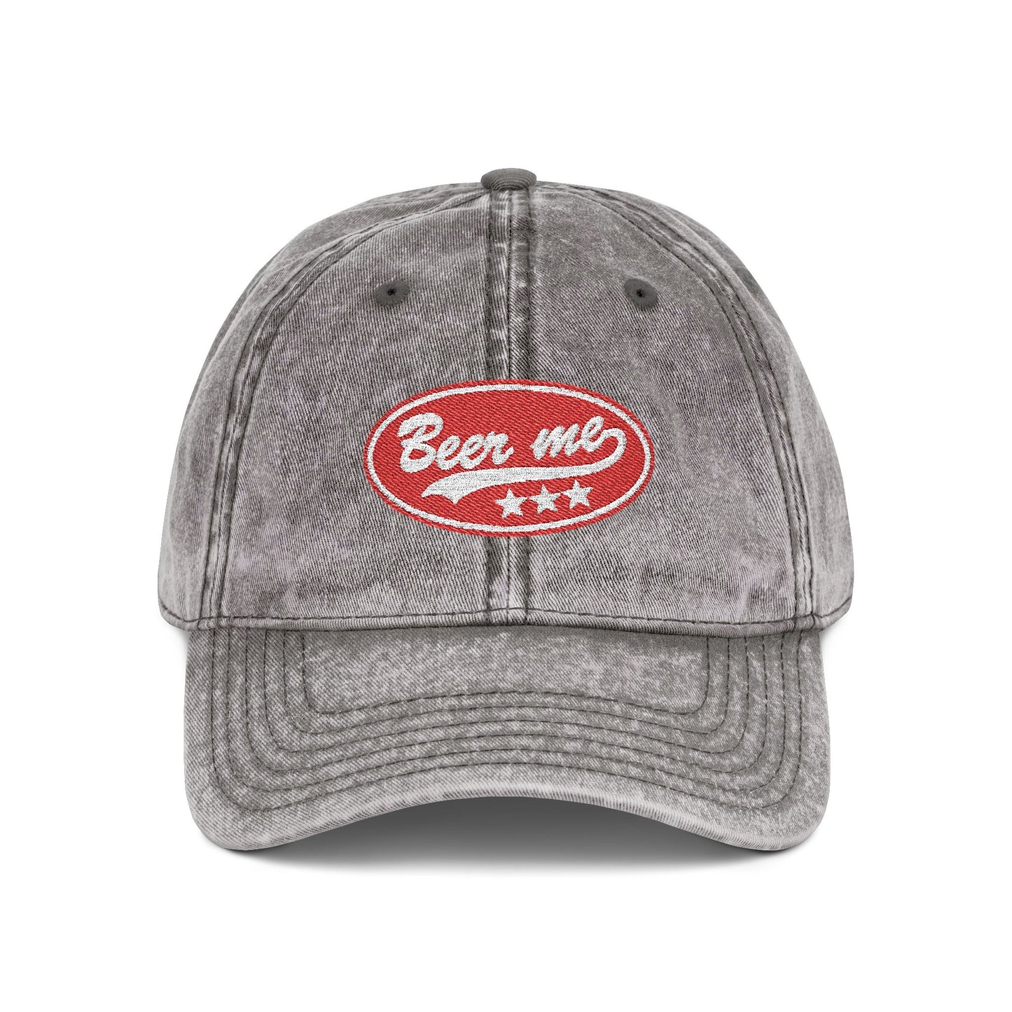 Vintage Embroidered 'Beer Me' Cap — Distressed Red Baseball Hat