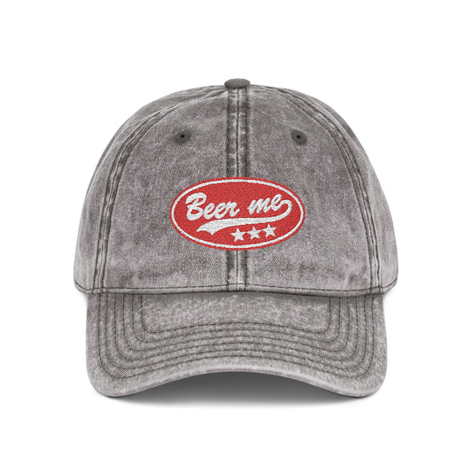 Vintage Embroidered 'Beer Me' Cap — Distressed Red Baseball Hat Hats Printify One size Charcoal Grey