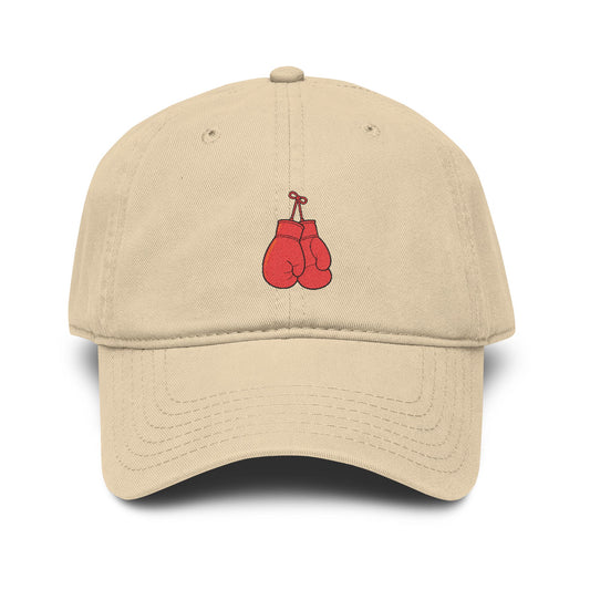 Washed Baseball Cap with Embroidered Red Boxing Gloves — Vintage Sport Dad Hat Hats Printify One size Khaki