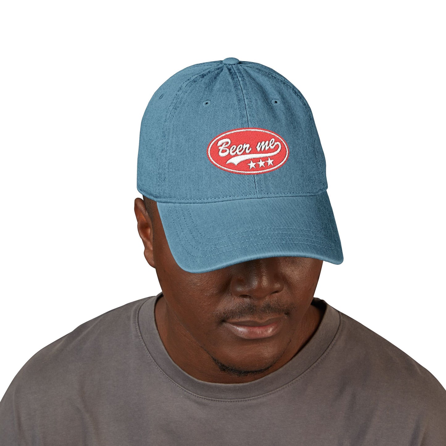Denim Hat — Embroidered “Beer Me” Vintage Patch Cap