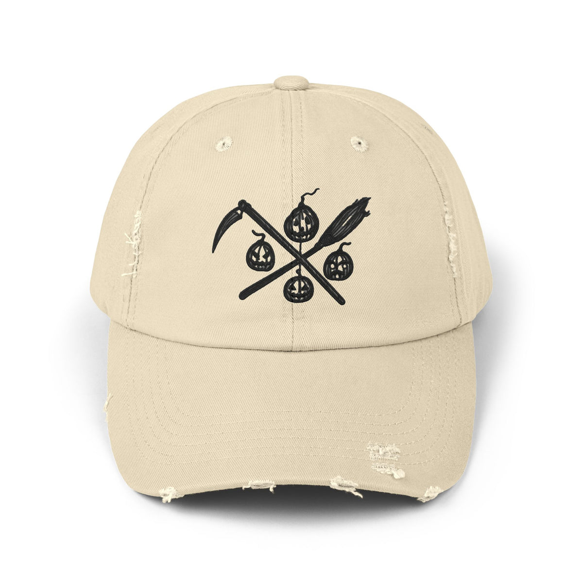 Black Distressed Cap with Vintage Crossed Symbols Hats Printify Stone One size