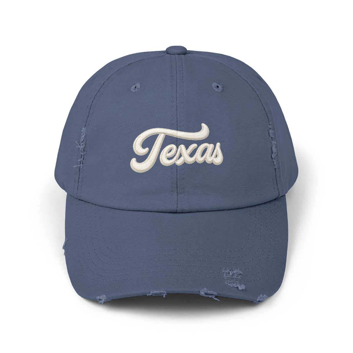Texas Distressed Baseball Cap — Vintage Script Embroidered Hat Hats Printify Scotland Blue One size