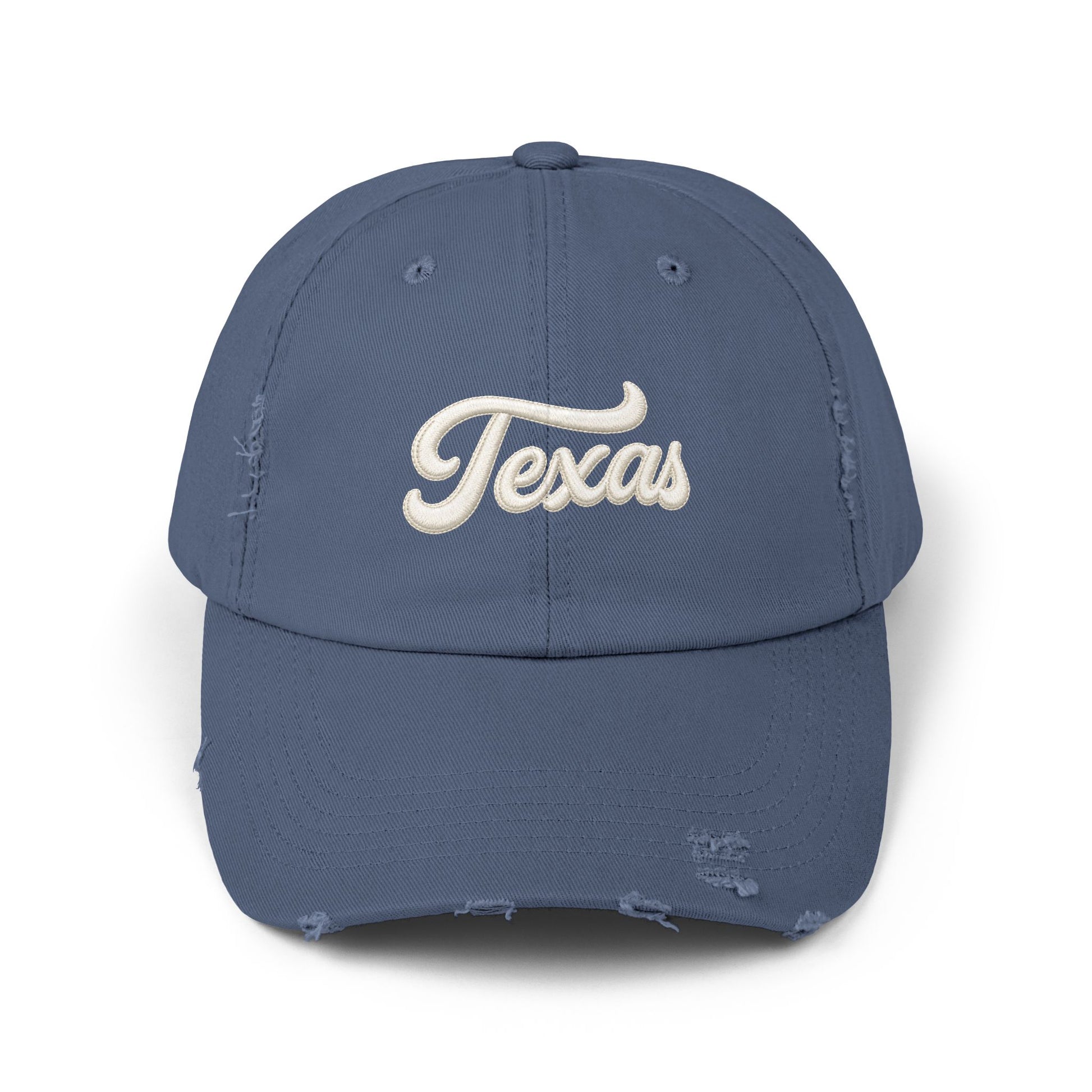 Texas Distressed Baseball Cap — Vintage Script Embroidered Hat Hats Printify Scotland Blue One size