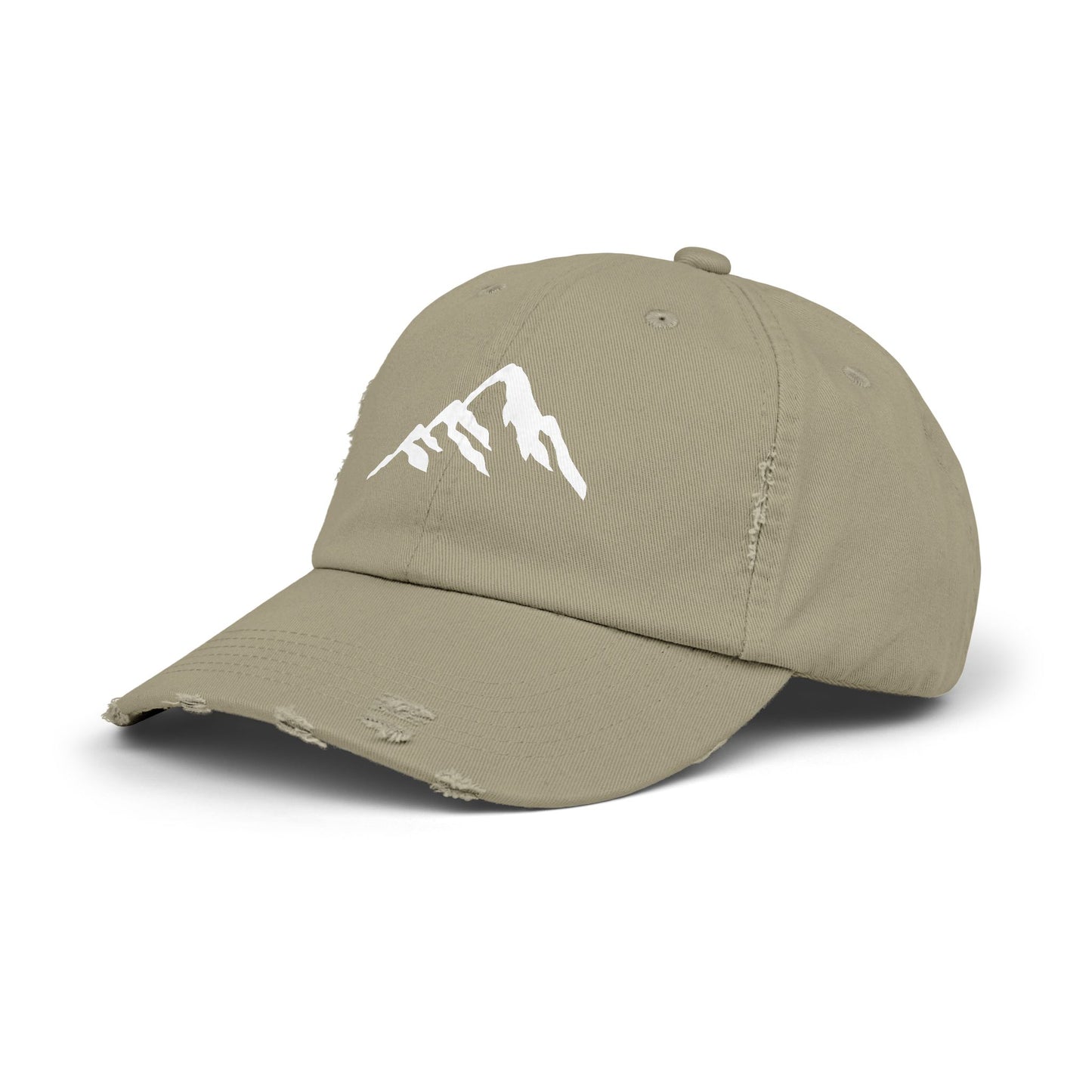 Distressed Mountain Hat — Minimal White Peak Embroidered Cap