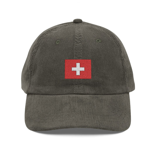Vintage Corduroy Baseball Cap — Embroidered Red Swiss Cross Hats Printify Olive One size