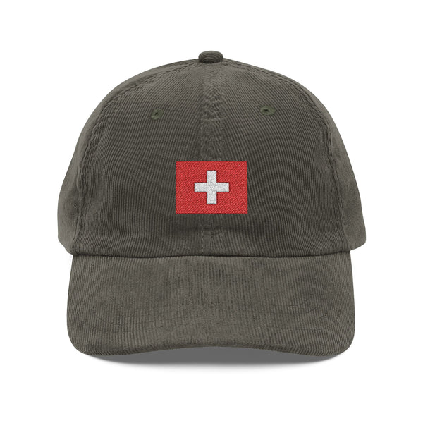 Vintage Corduroy Baseball Cap — Embroidered Red Swiss Cross Hats Printify Olive One size