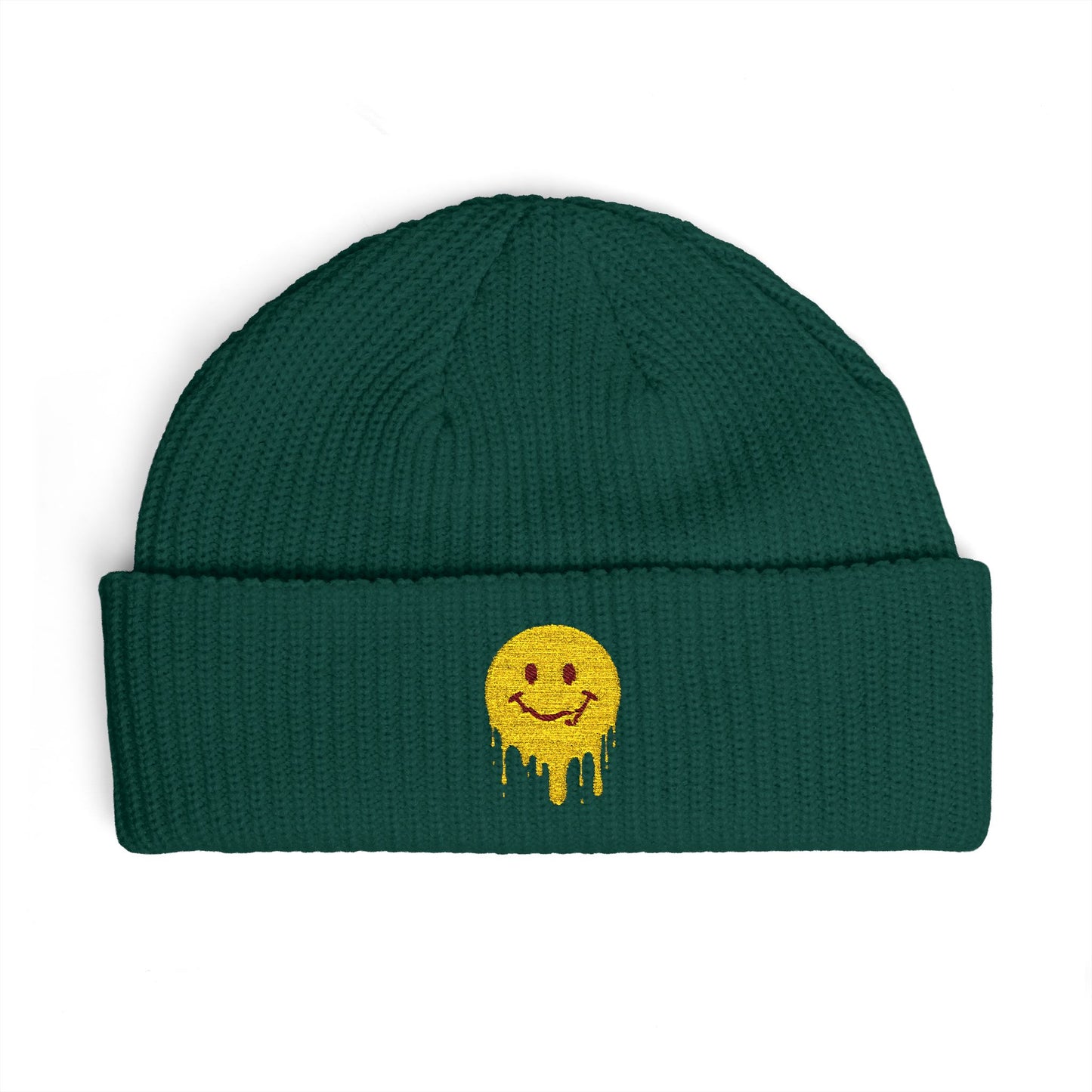 Dripping Smiley Cuff Beanie — Cozy Knit Hat with Yellow Drip Emoji Embroidery Hats Printify