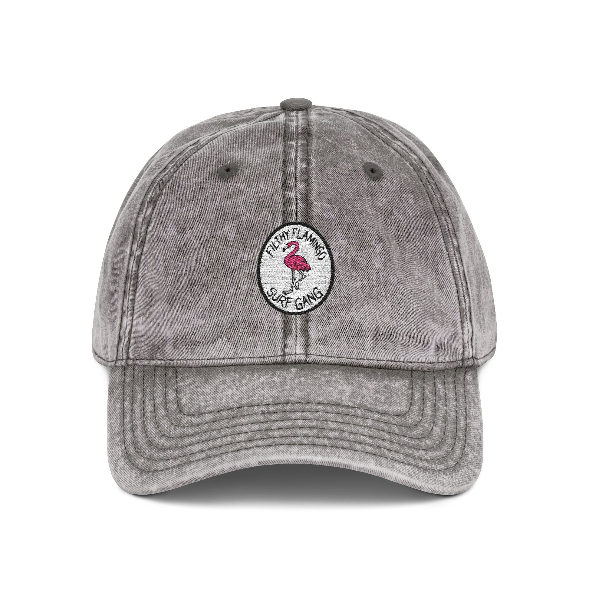 Vintage Embroidered Flamingo Cap — Washed Red Baseball Hat Hats Printify One size Charcoal Grey