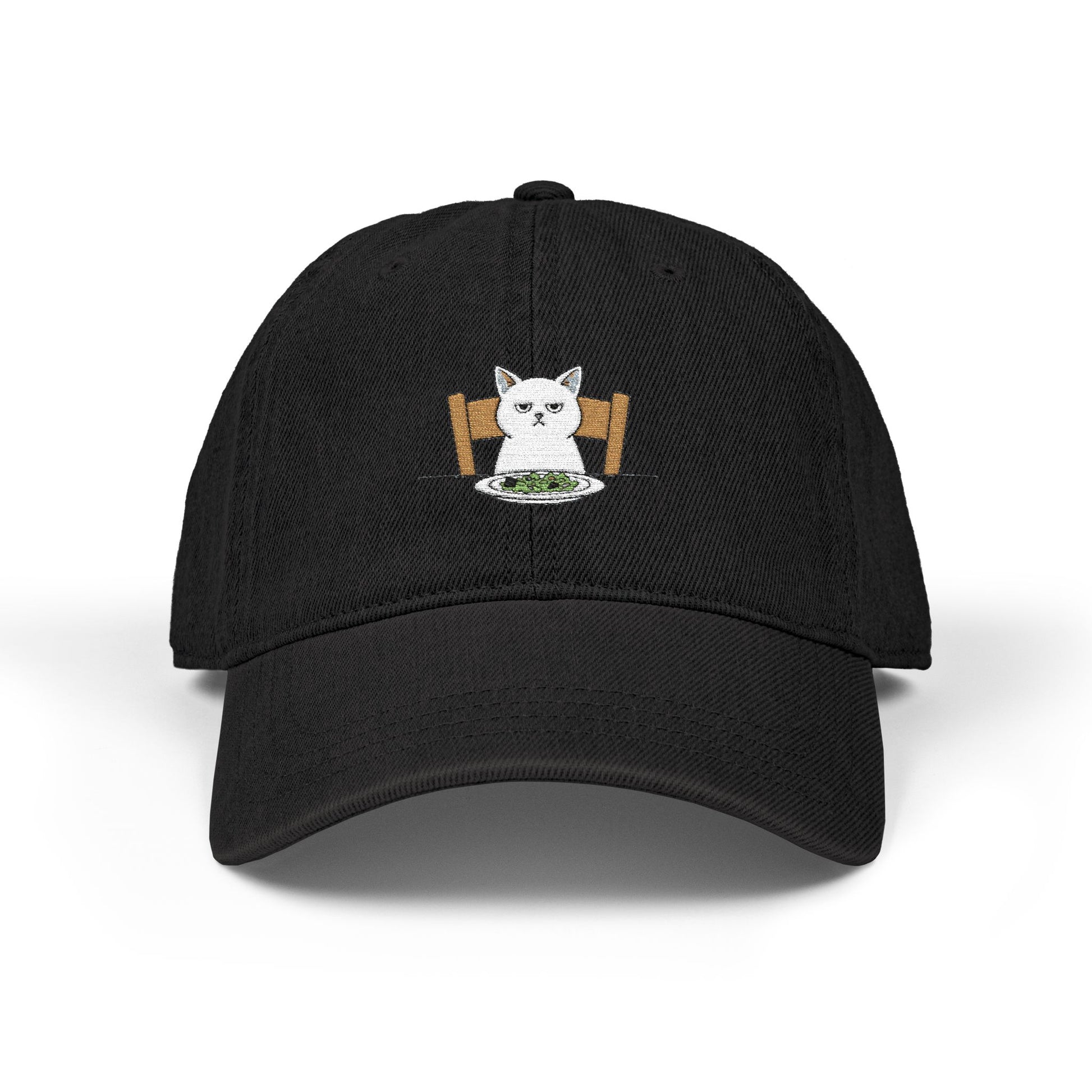 Embroidered Cat at Dinner Denim Hat Hats Printify One size Black