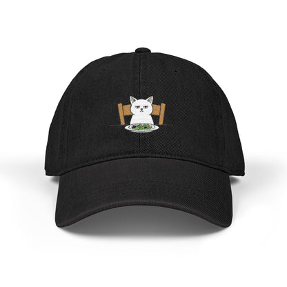Embroidered Cat at Dinner Denim Hat Hats Printify One size Black
