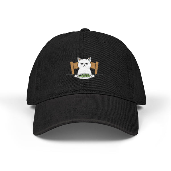 Embroidered Cat at Dinner Denim Hat Hats Printify One size Black